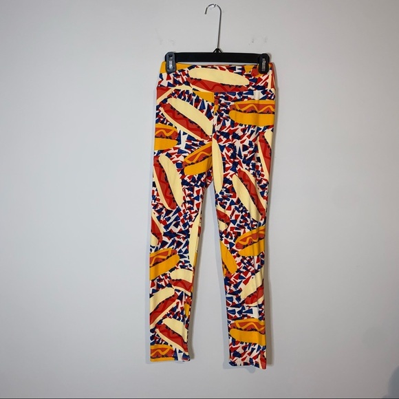 LuLaRoe White Red Blue Americana Hot Dog Print OS Leggings - Picture 1 of 4